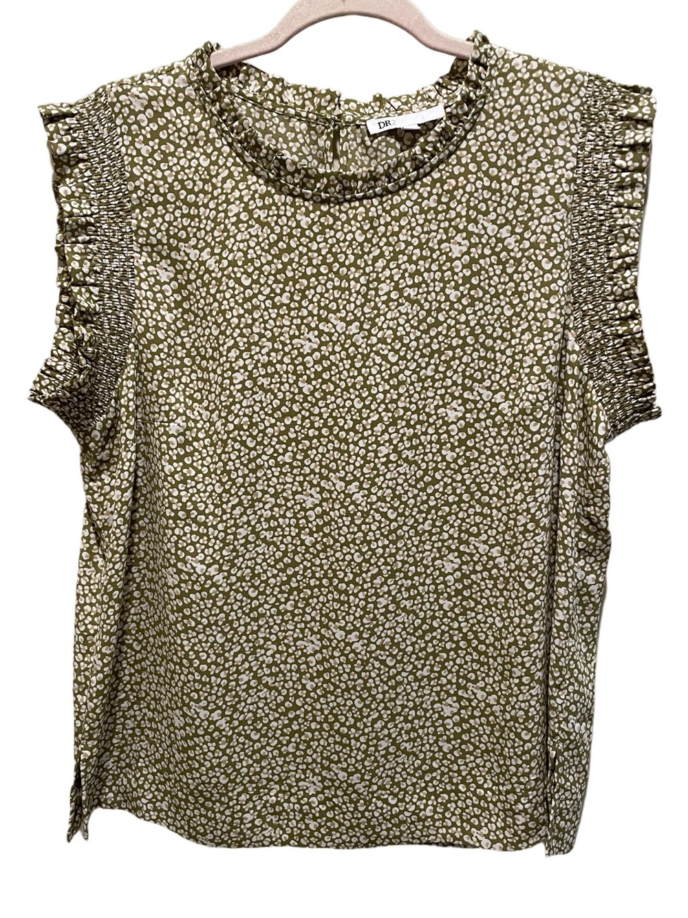 DR2 Olive Green Floral Sleeveless Blouse. Size L.